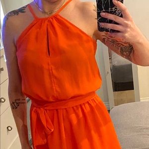Orange & Khaki Silk Halter Colorblock Dress